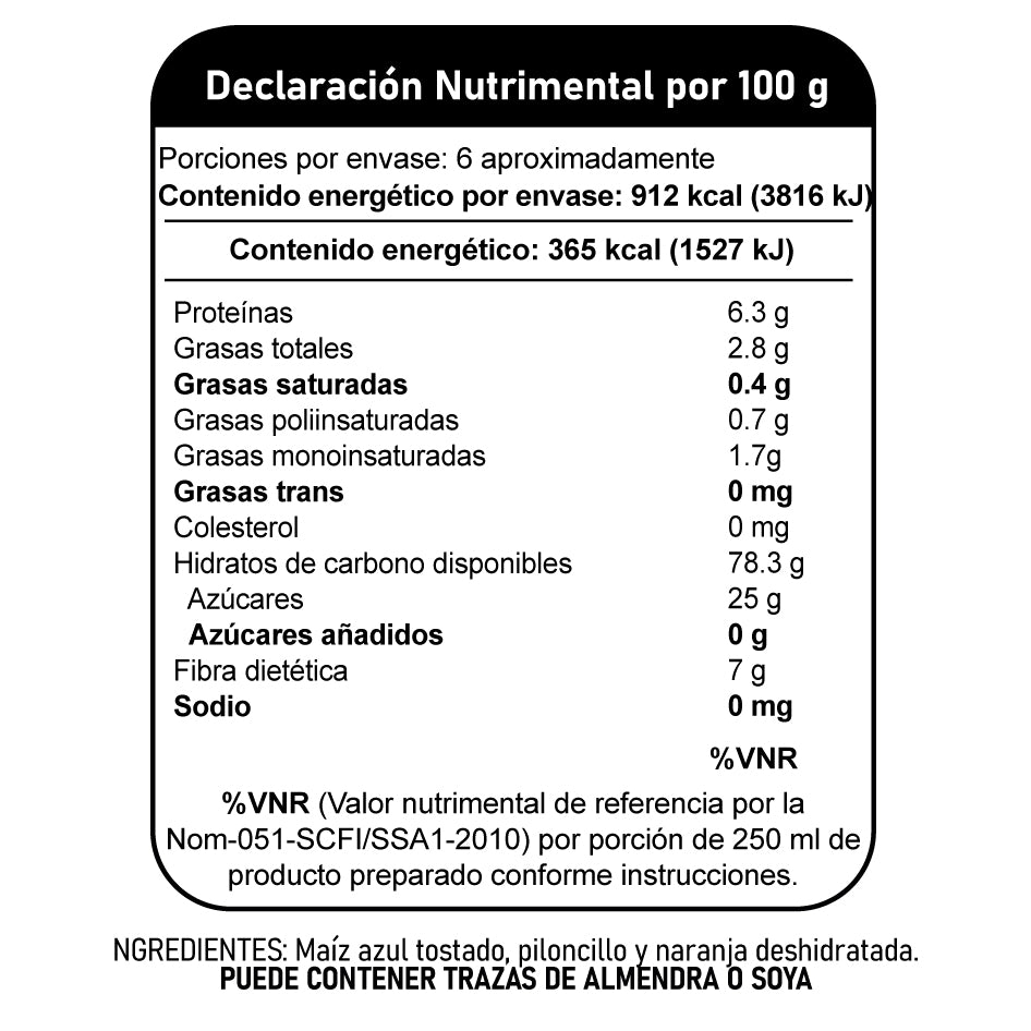 Pinole De Maíz Azul Tostado Con Naranja 250 G